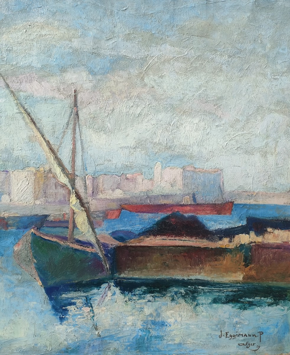 J. Eggiman, (1872-1929), The Port Of Algiers, Oil On Canvas, Signed, Dated 1919, Framed-photo-1