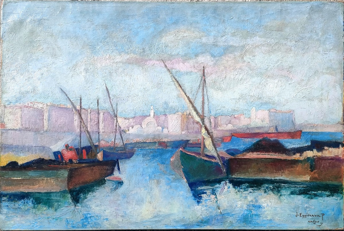 J. Eggiman, (1872-1929), The Port Of Algiers, Oil On Canvas, Signed, Dated 1919, Framed