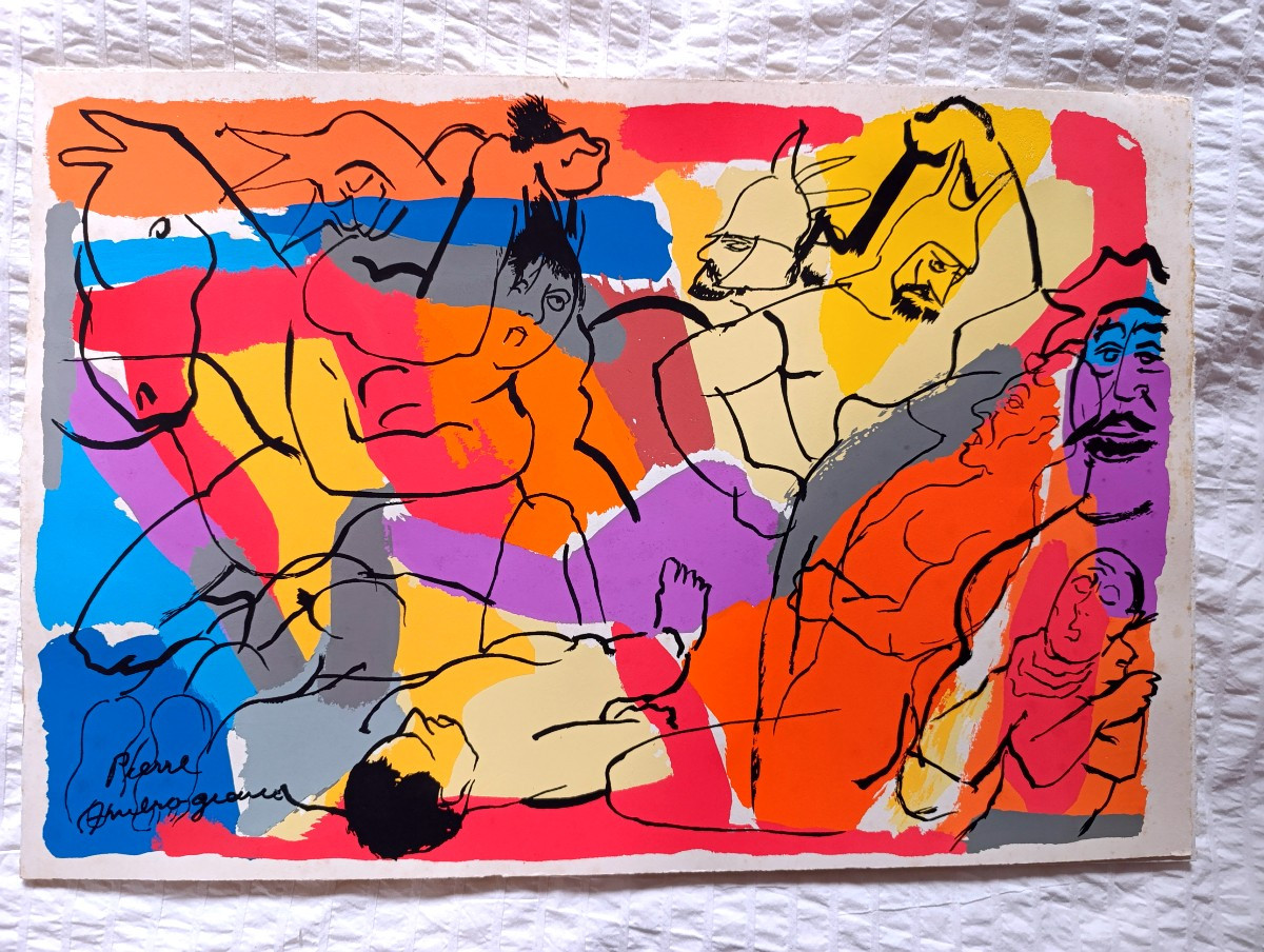 Pierre Ambrogiani (1907-1985), La lutte, Pochoir sur papier, signé dans la planche-photo-3