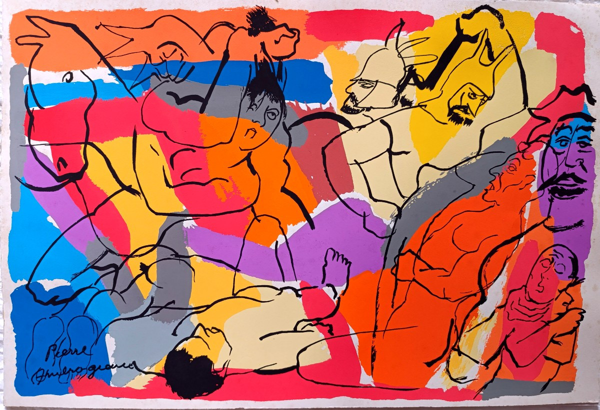 Pierre Ambrogiani (1907-1985), La lutte, Pochoir sur papier, signé dans la planche