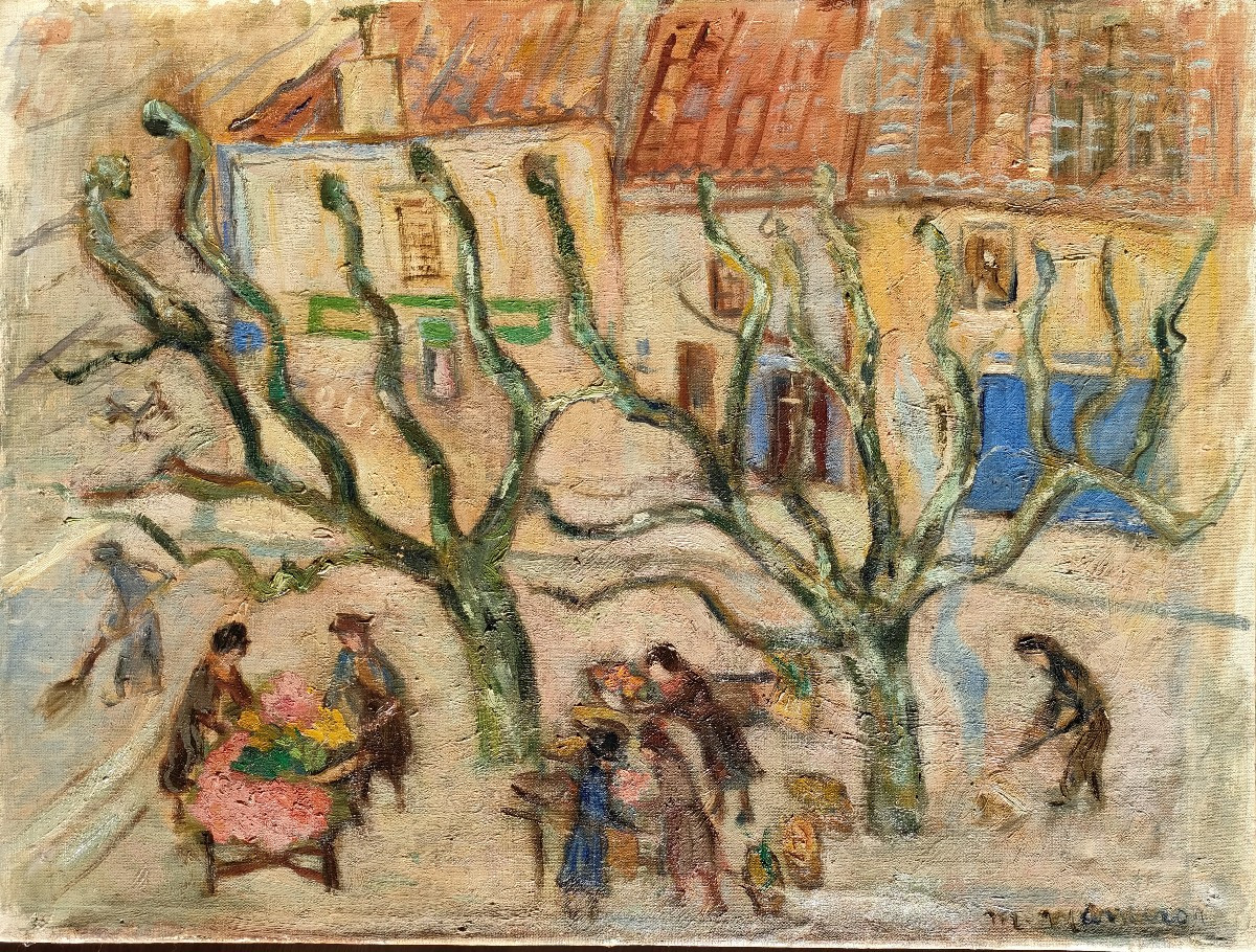 Manceron (XXème), Le marché provençal en hiver, Huile sur toile signée
