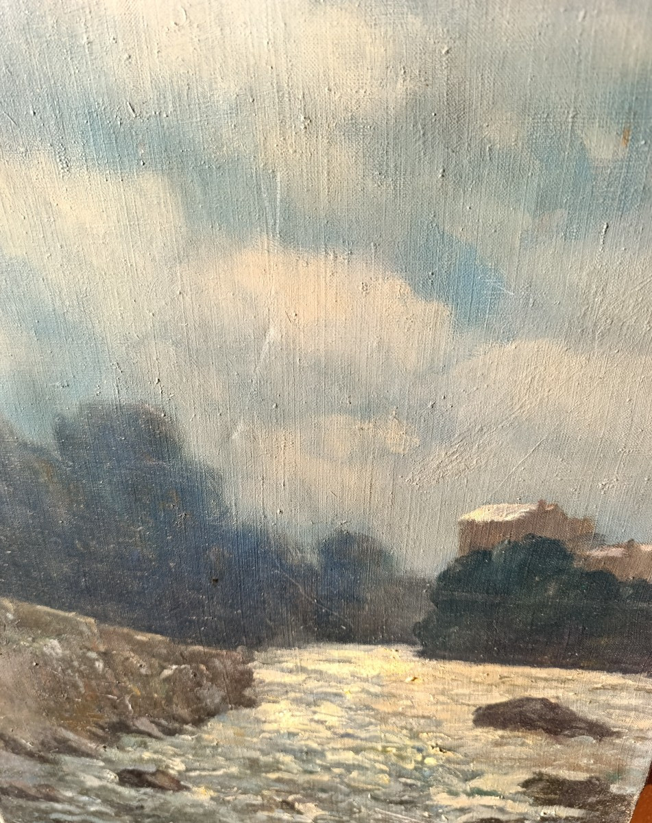 French School, 20th Century, The River In Winter, Oil On Canvas, Signed-photo-2