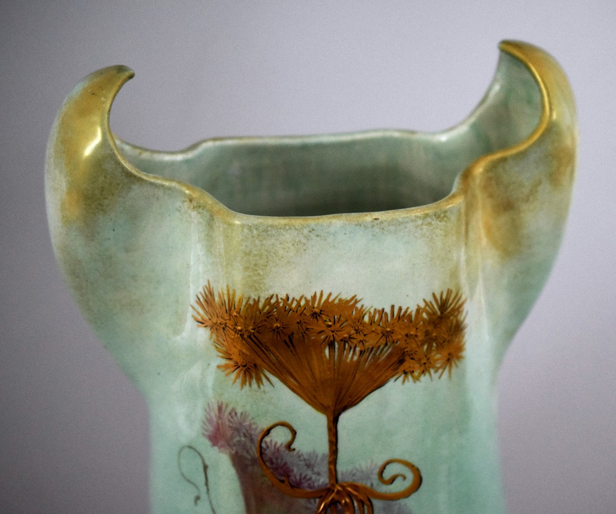 Clement MASSIER (1844-1917 , Grand vase à décor d'ombelles céramique émaillée, Golf Juan, signé-photo-2