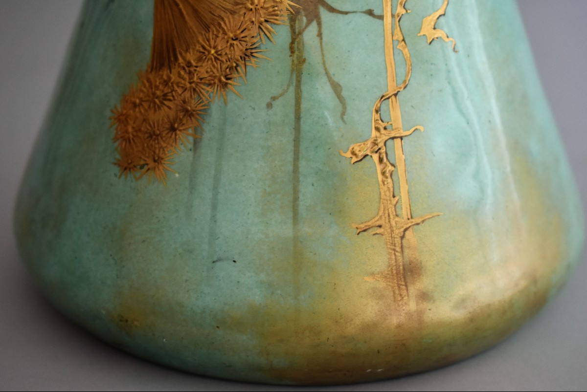 Clement MASSIER (1844-1917 , Grand vase à décor d'ombelles céramique émaillée, Golf Juan, signé-photo-5