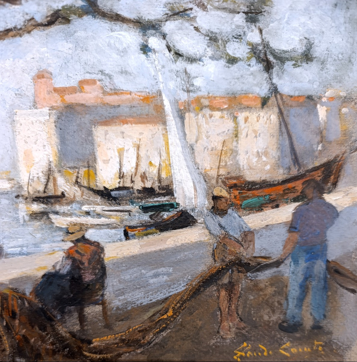 Claude COMTE (XIX-XXème), Retour de pêche, huile sur carton, signée, encadrée-photo-2