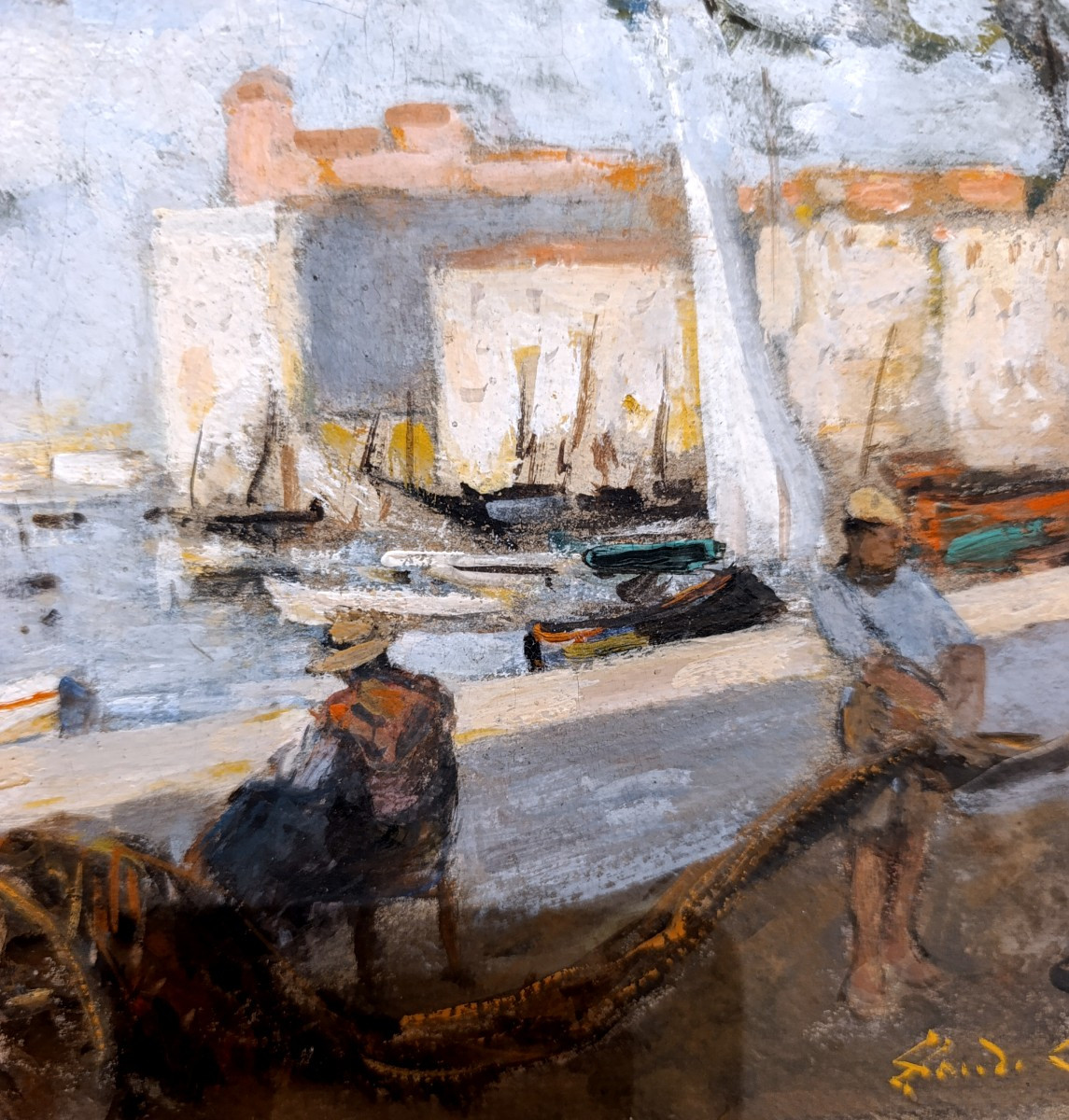 Claude COMTE (XIX-XXème), Retour de pêche, huile sur carton, signée, encadrée-photo-3