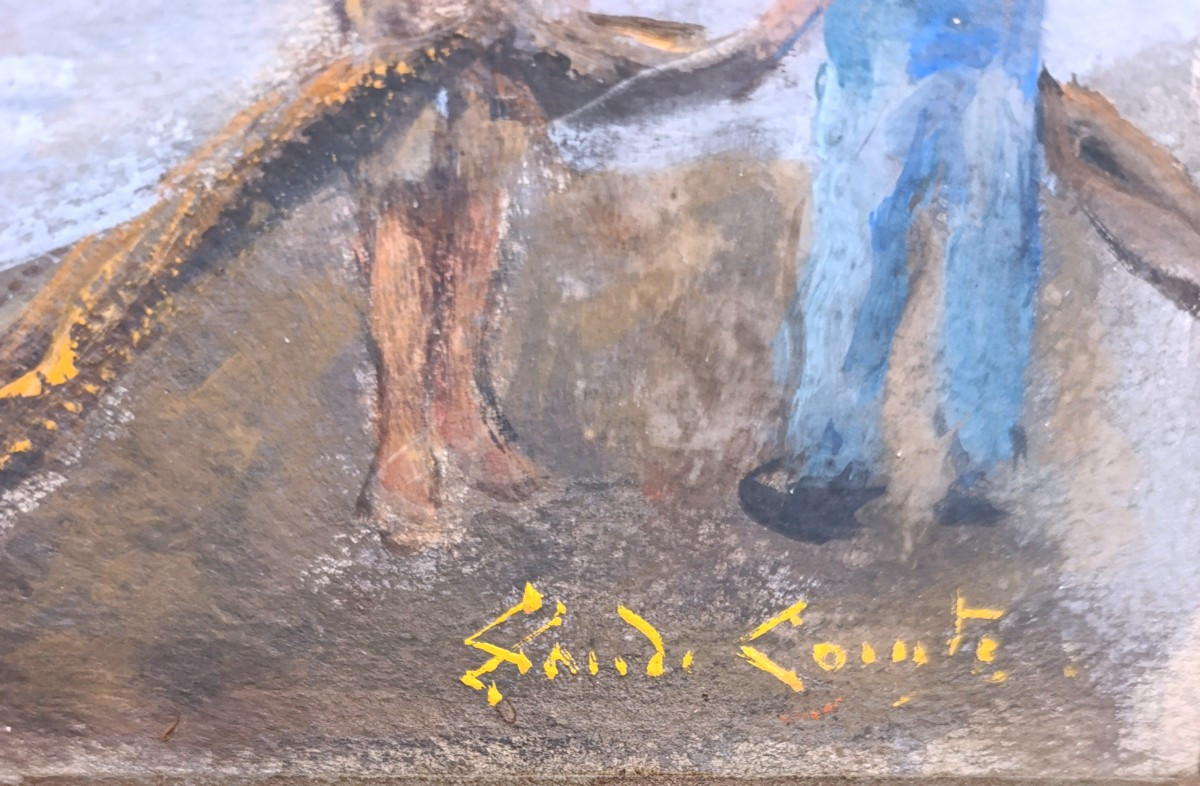 Claude COMTE (XIX-XXème), Retour de pêche, huile sur carton, signée, encadrée-photo-4