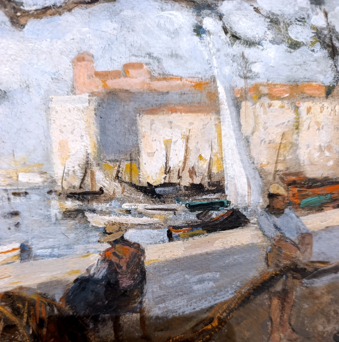 Claude COMTE (XIX-XXème), Retour de pêche, huile sur carton, signée, encadrée-photo-1