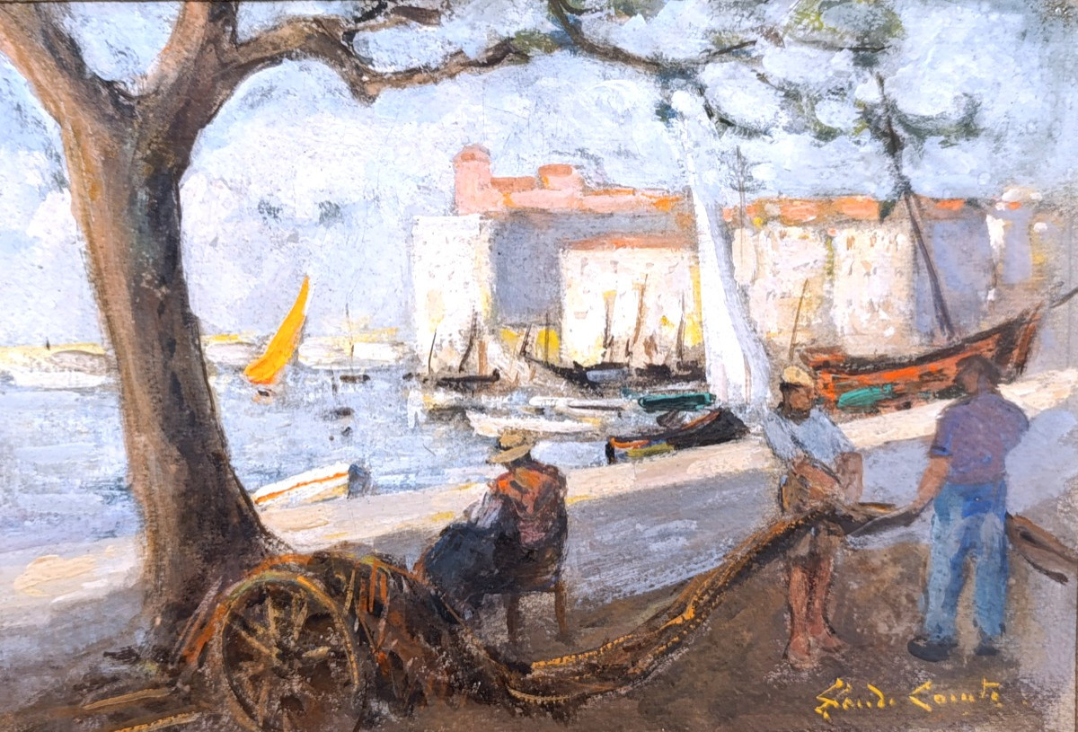 Claude COMTE (XIX-XXème), Retour de pêche, huile sur carton, signée, encadrée-photo-2