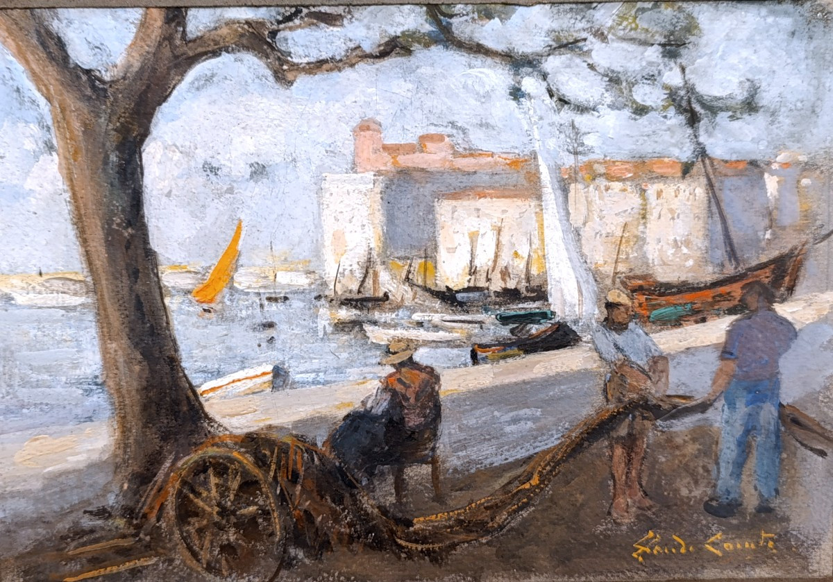 Claude COMTE (XIX-XXème), Retour de pêche, huile sur carton, signée, encadrée