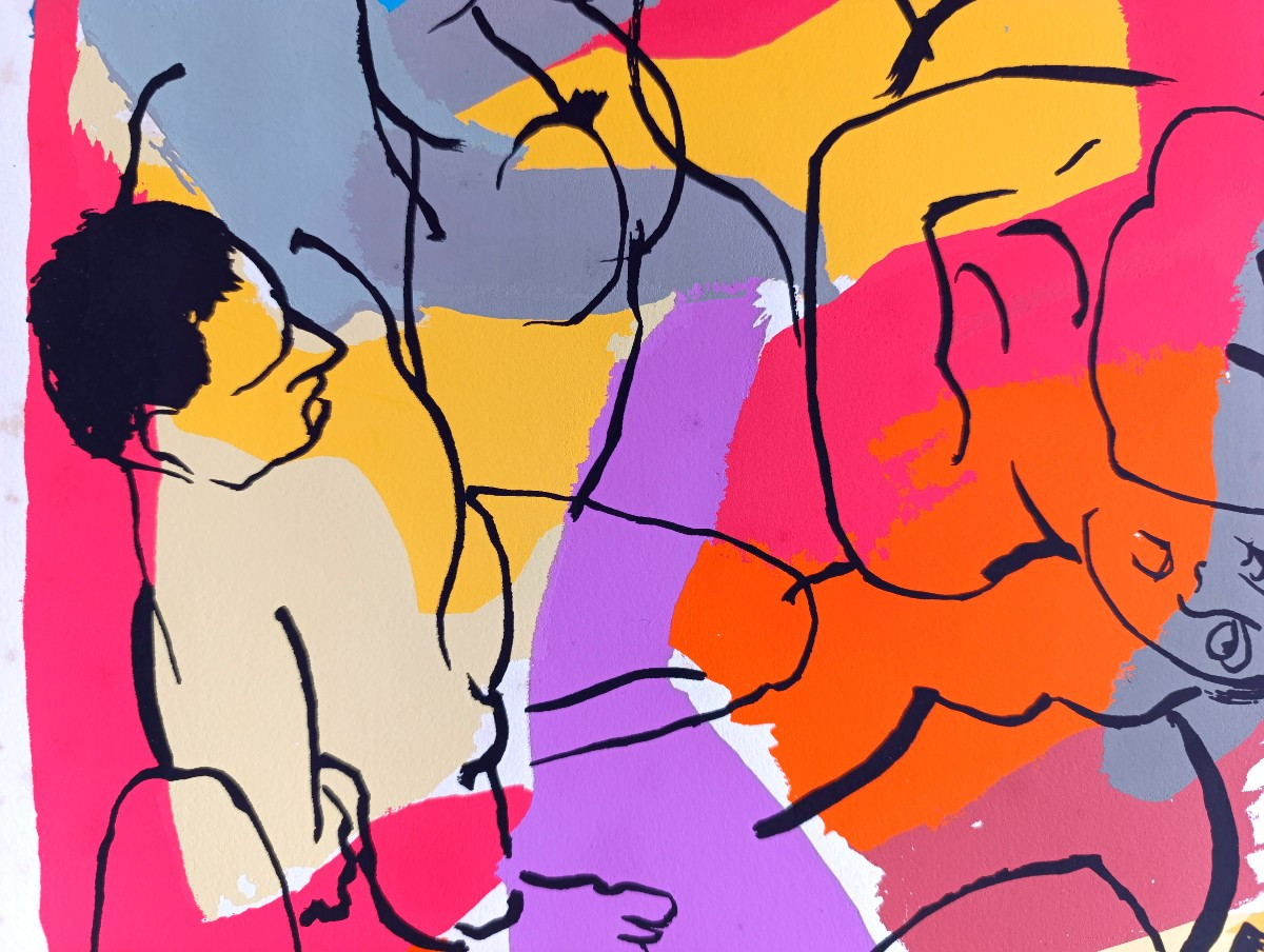 Pierre Ambrogiani (1907-1985), Les lutteurs, pochoir à la gouache, signé-photo-2