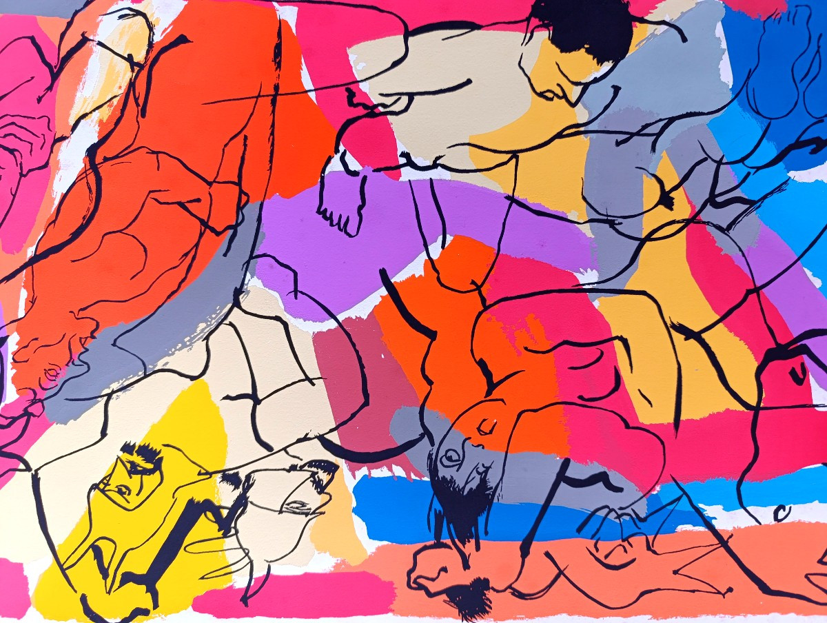 Pierre Ambrogiani (1907-1985), Les lutteurs, pochoir à la gouache, signé-photo-1