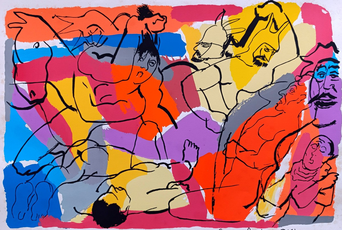 Pierre Ambrogiani (1907-1985), Les lutteurs, pochoir à la gouache, signé