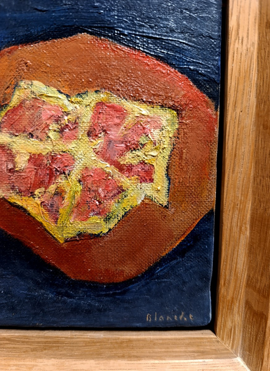 Jean-pierre Blanche (1927-2022), Two Pomegranates On A Blue Background, Oil On Canvas, Signed, Framed-photo-4