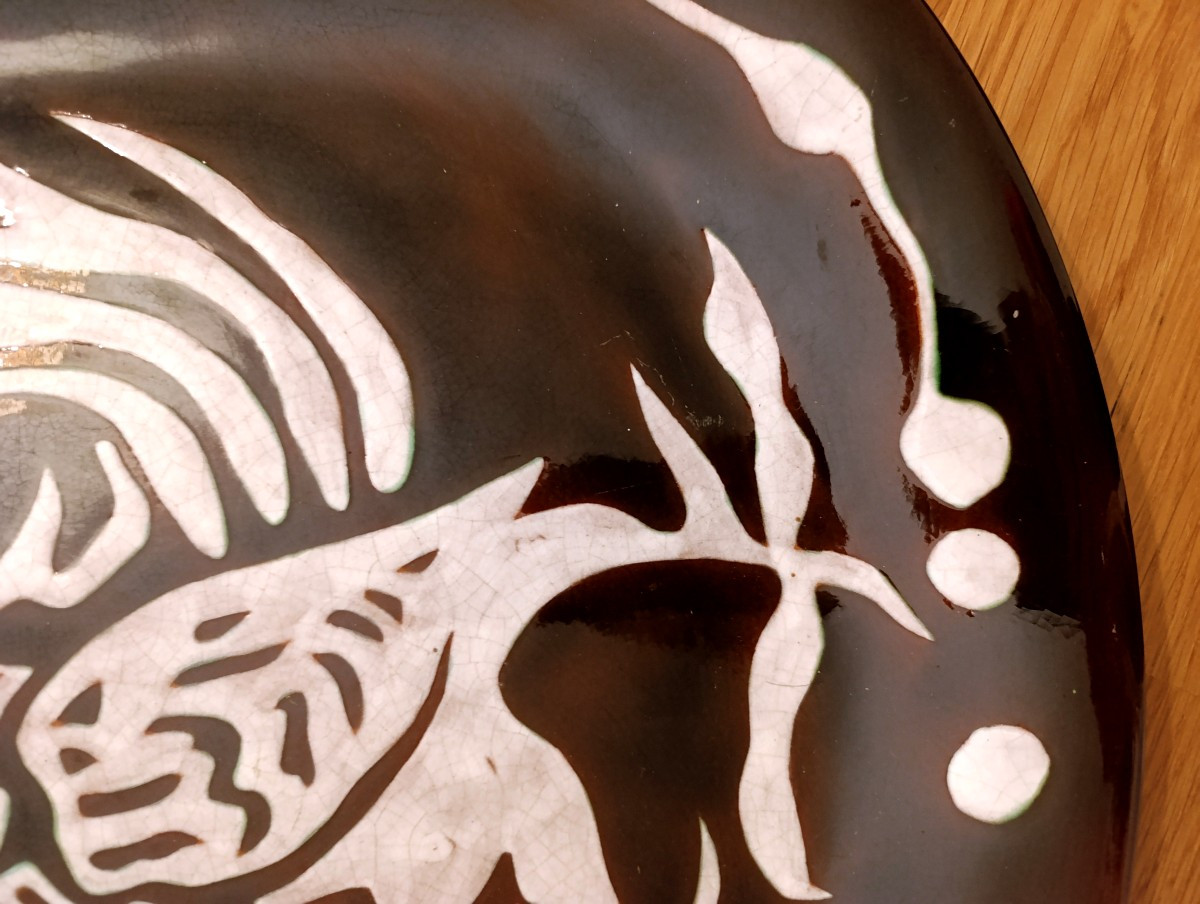 Jean Lurçat (1888-1966), Dish With Rooster Decoration In Brown And Black Ceramic, Signed On The Back, St Vicens-photo-3