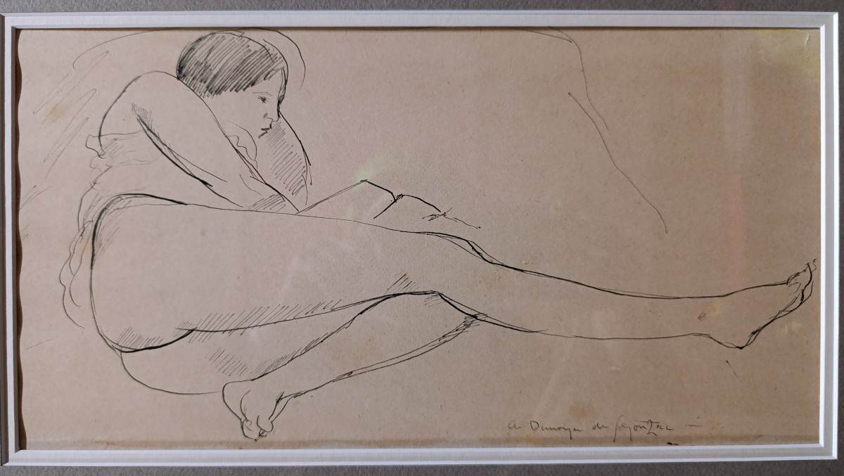 A. Dunoyer De Segonzac (1888-1974), Nu Allongé, Drow With Plume, Signed, With Frame