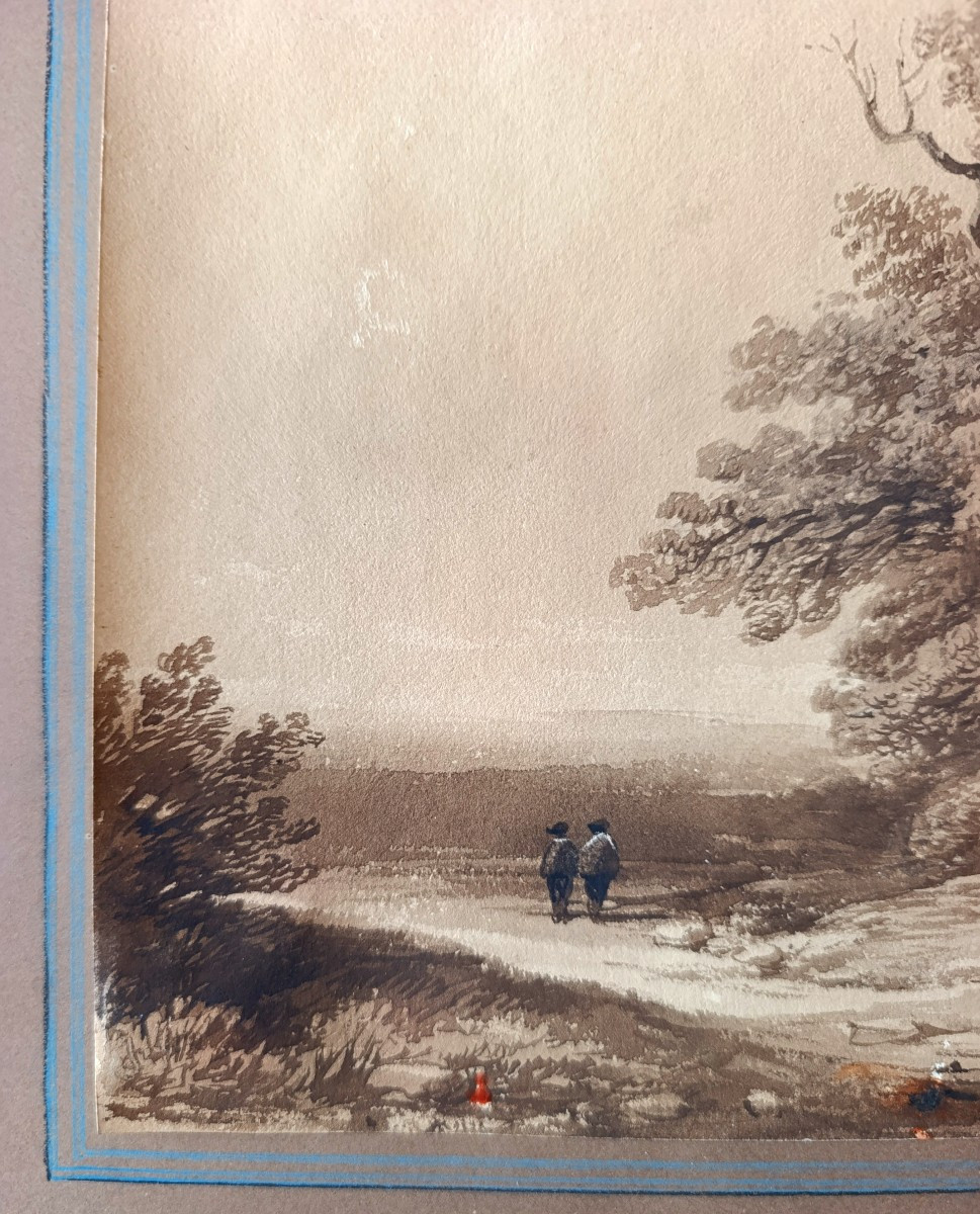J.B. Louis HUBERT (1801-1865), Promenade sur le chemin, Lavis d'encre signé, encadré-photo-1