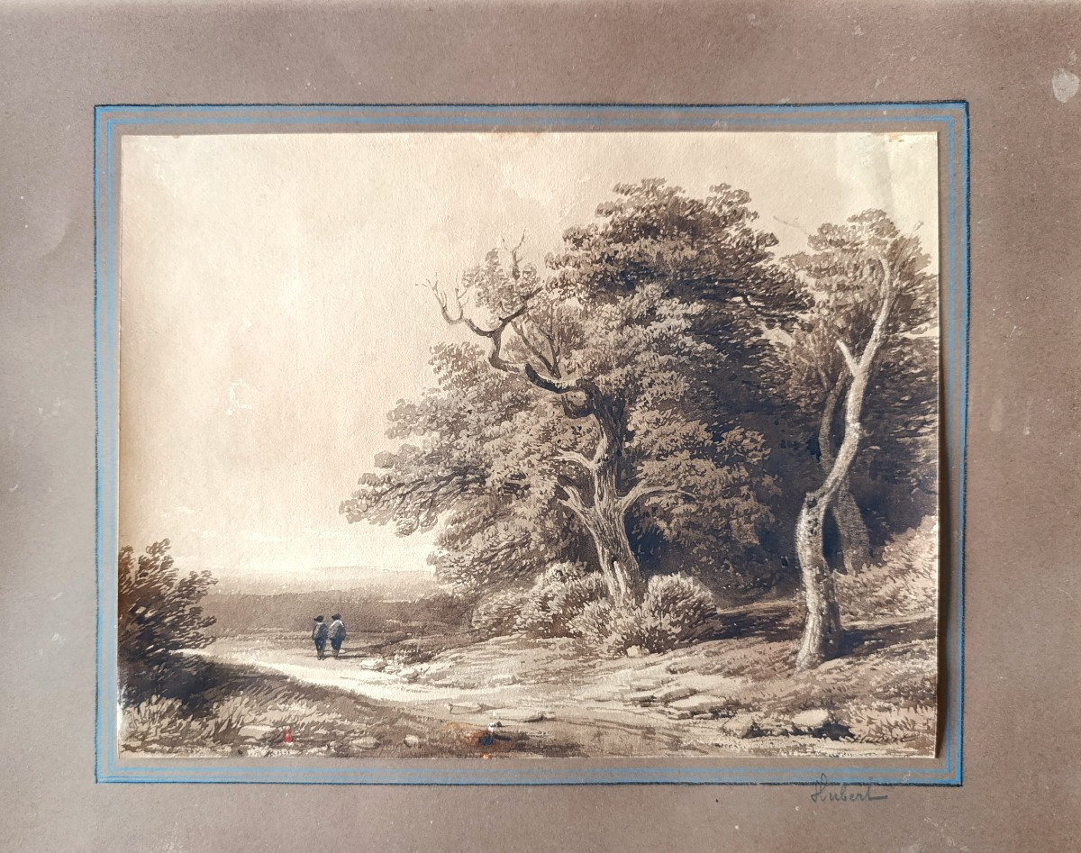 J.B. Louis HUBERT (1801-1865), Promenade sur le chemin, Lavis d'encre signé, encadré-photo-3