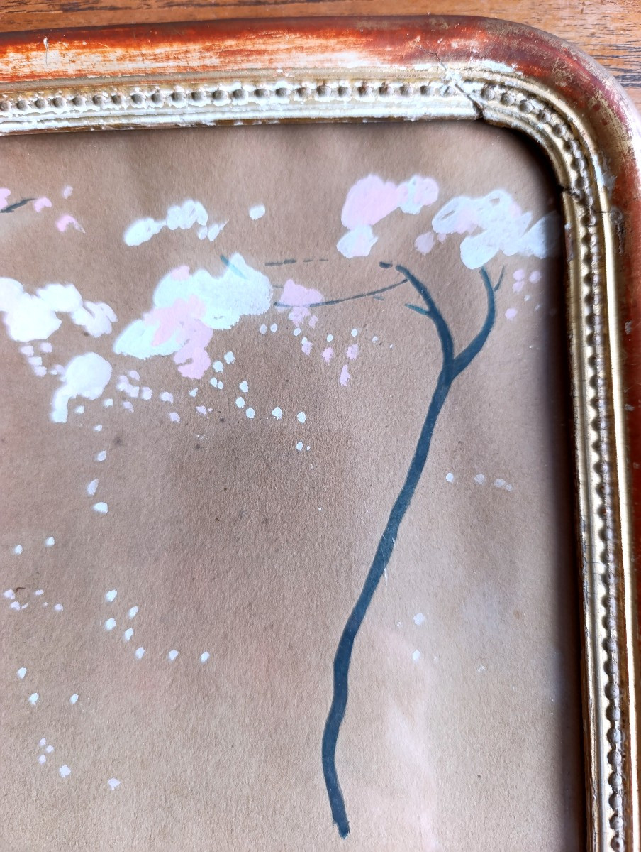 Ecole Française XXème, Au jardin, Gouache japonisante signée, datée 1919, encadrée-photo-3