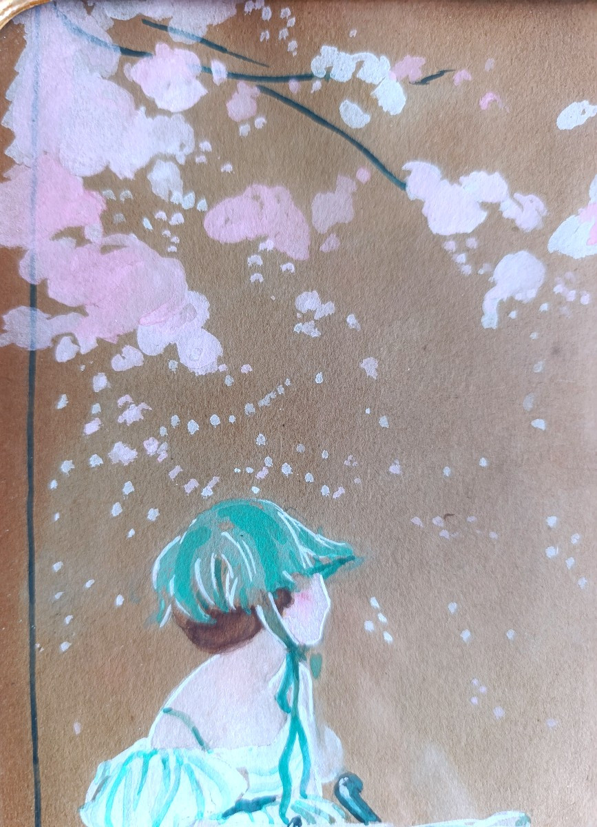 Ecole Française XXème, Au jardin, Gouache japonisante signée, datée 1919, encadrée-photo-4