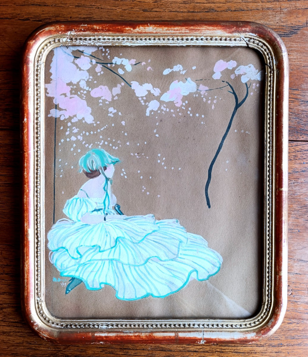 Ecole Française XXème, Au jardin, Gouache japonisante signée, datée 1919, encadrée-photo-5