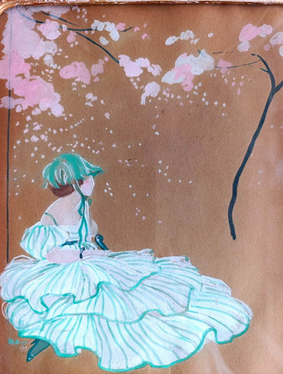 Ecole Française XXème, Au jardin, Gouache japonisante signée, datée 1919, encadrée