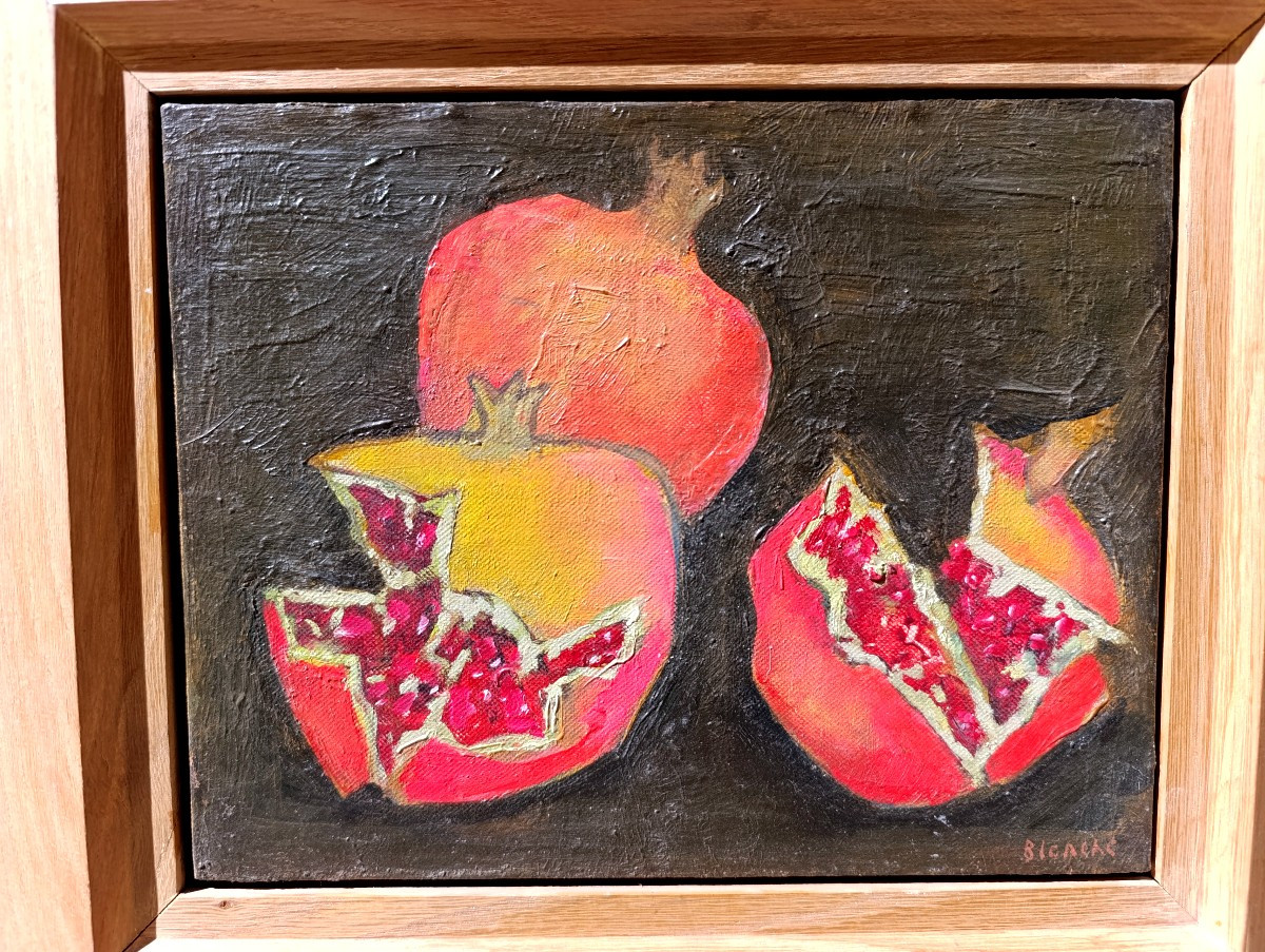 Jean-pierre Blanche (1927-2022), Triple Grenades On Brown Background, Oil On Wood, Signed, Framed-photo-2