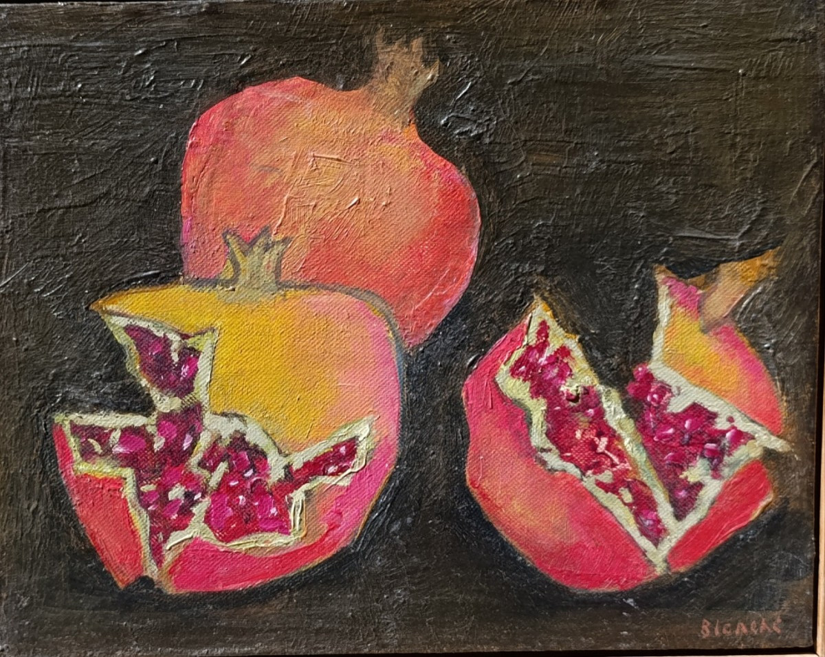 Jean-pierre Blanche (1927-2022), Triple Grenades On Brown Background, Oil On Wood, Signed, Framed