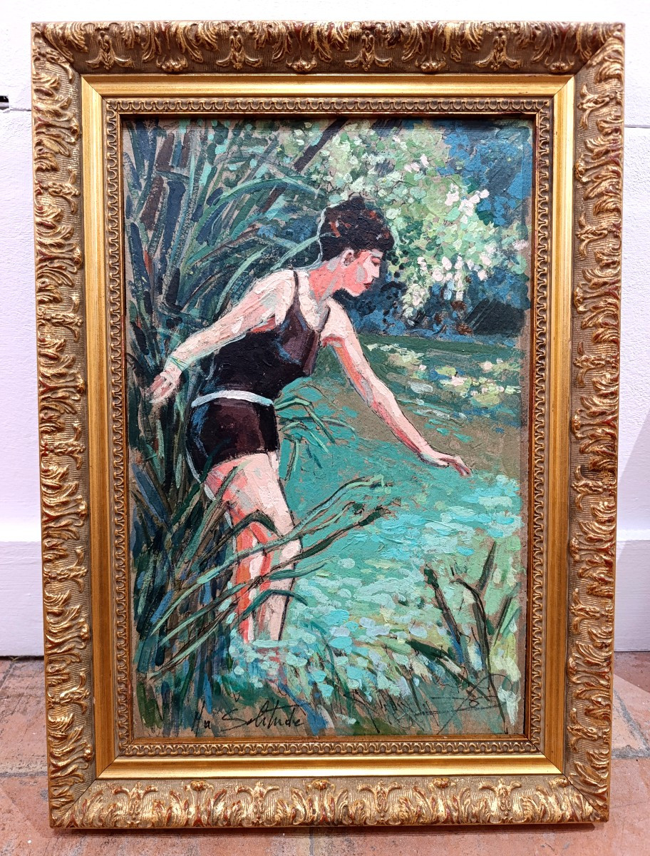 Ch. Caillotin (XXème), Le bain de rivière, huile sur carton, signée, encadrée-photo-3
