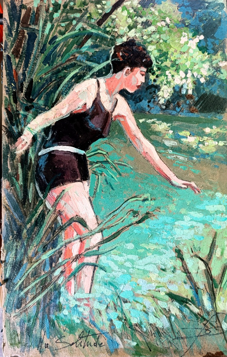 Ecole Française XXème, Le Bain De Rivière, Oil On Cardboard, Signed