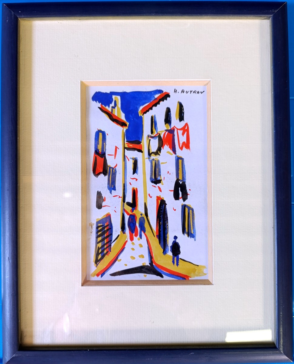 Henri Autran (1926-), Promenade au village, gouache sur papier, signée, encadrée-photo-1
