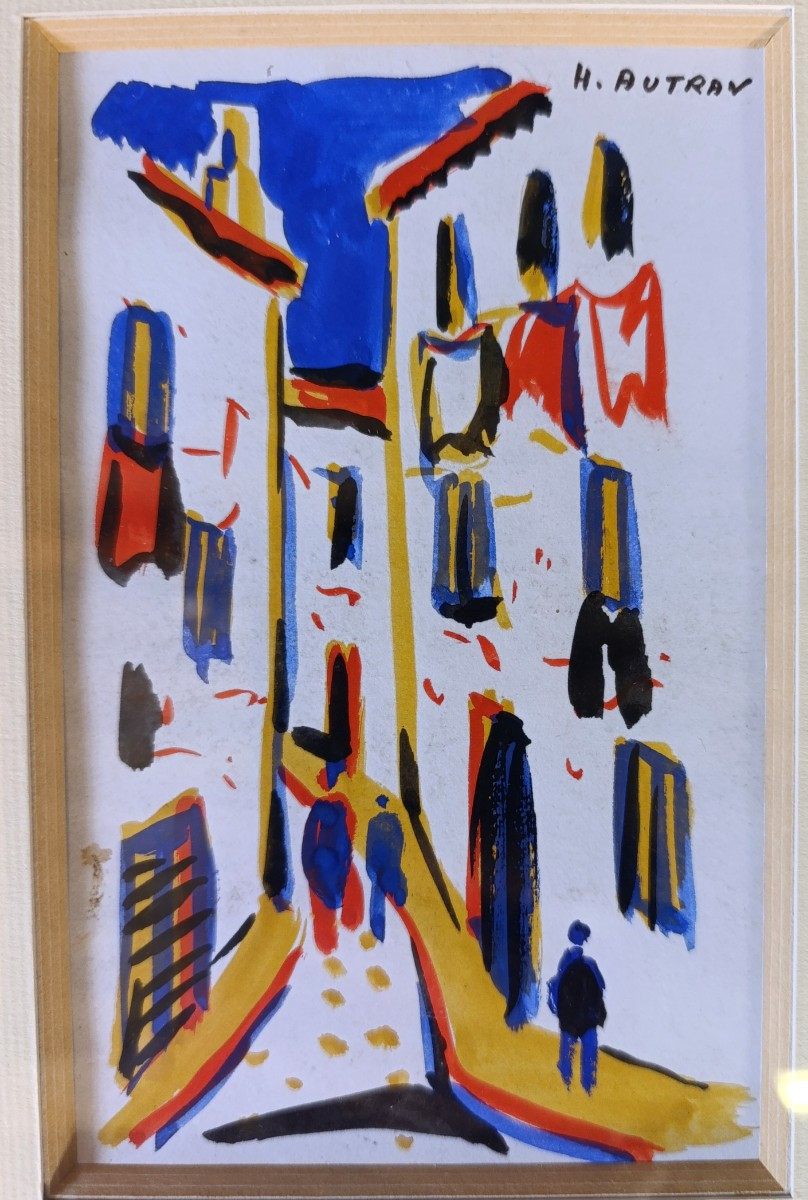 Henri Autran (1926-), Promenade au village, gouache sur papier, signée, encadrée