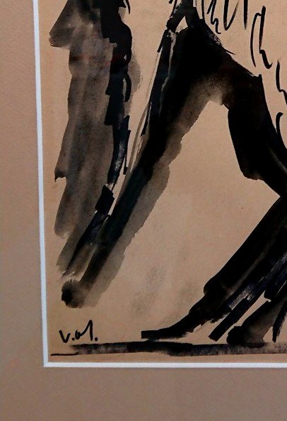 Milo VOJIC (1923-2004), Le cheval cabré, encre et aquarelle sur papier, signée MV, encadrée-photo-1