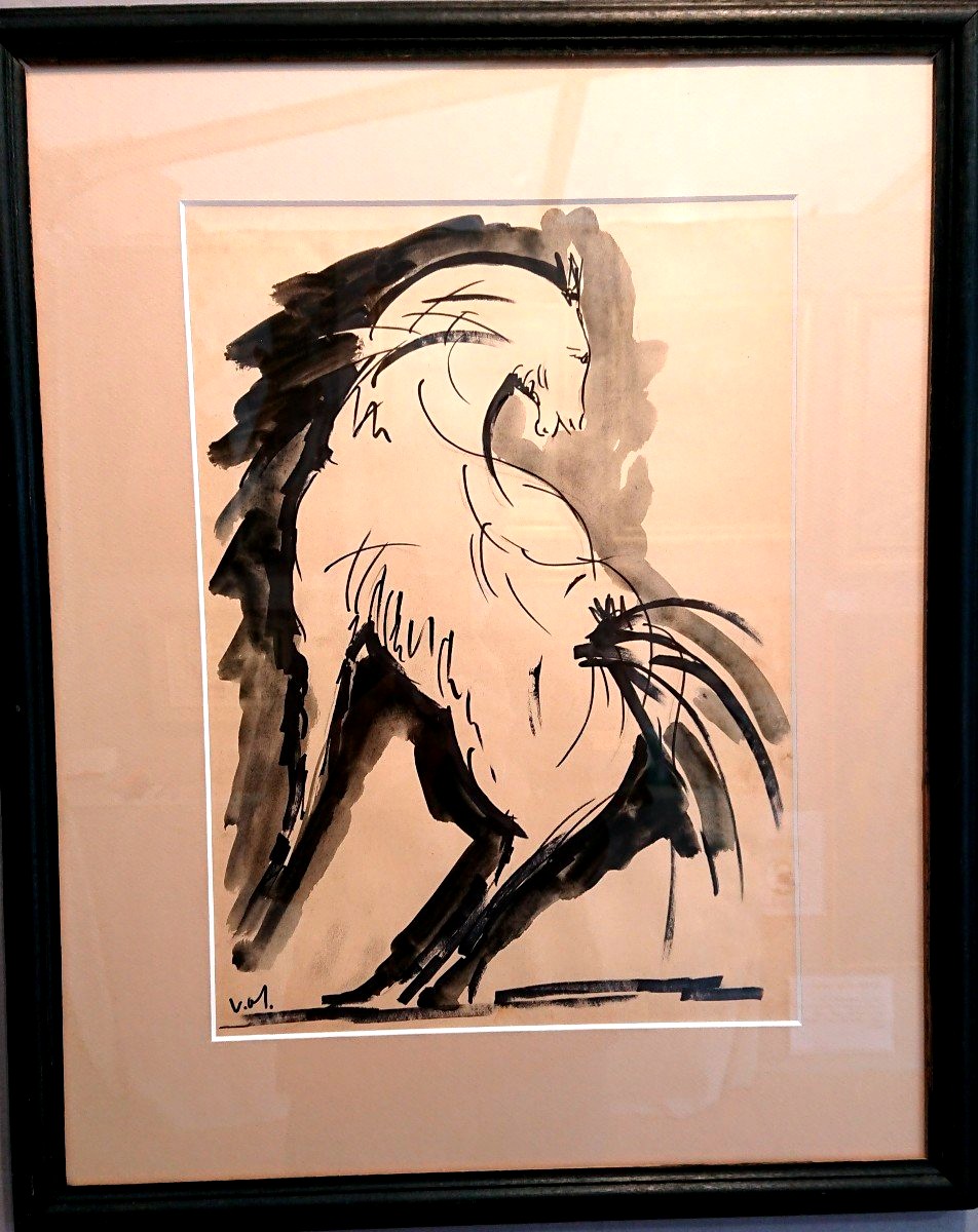 Milo VOJIC (1923-2004), Le cheval cabré, encre et aquarelle sur papier, signée MV, encadrée