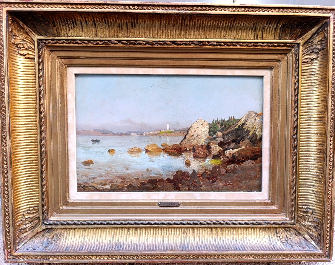 Raphael Ponson (1935–1904), Coastal Scene Near Toulon, Oil On Wood, Signed, Framed-photo-3
