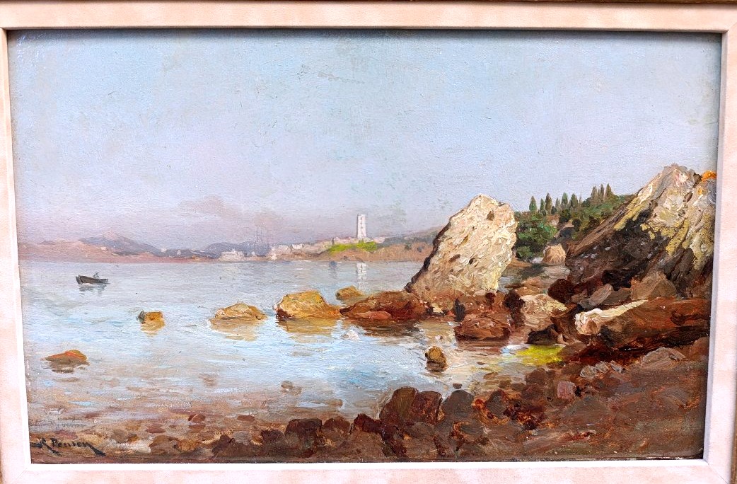 Raphael Ponson (1935–1904), Coastal Scene Near Toulon, Oil On Wood, Signed, Framed