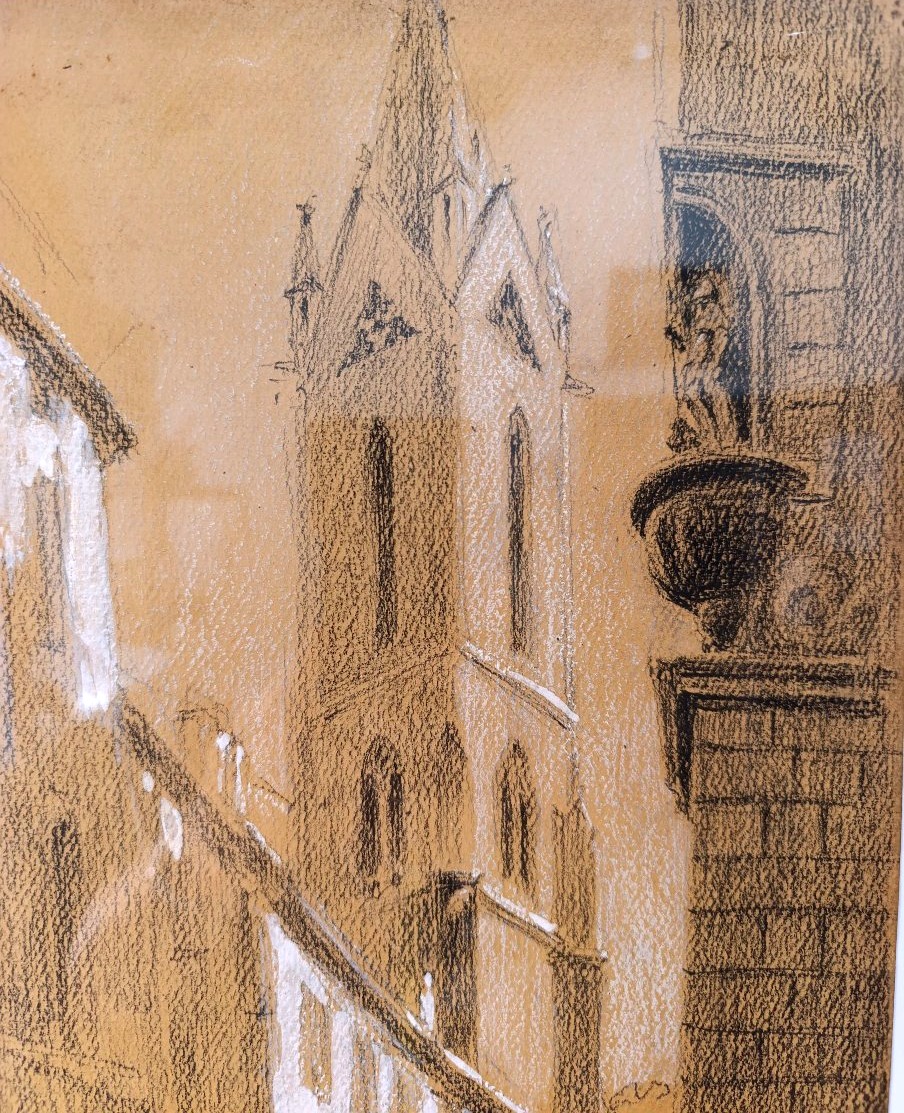 E. Pannetier (1884-1965), Aix, Le clocher de St Jean de malte, fusain sur papier, signé,encadré-photo-2