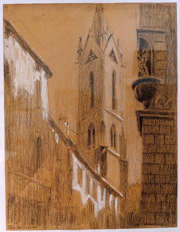 E. Pannetier (1884-1965), Aix, Le clocher de St Jean de malte, fusain sur papier, signé,encadré