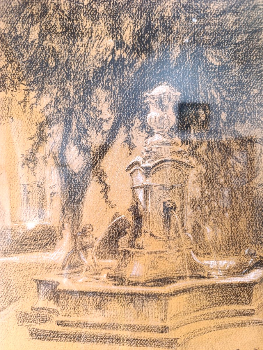 E. Pannetier (1884–1965), Aix, Place Des 3 Ormeaux, Charcoal On Paper, Signed, Framed-photo-2
