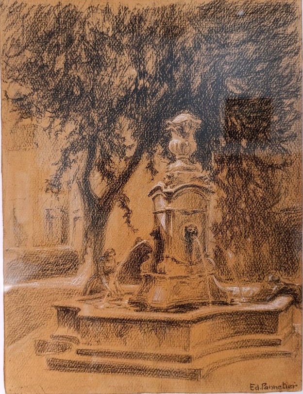 E. Pannetier (1884–1965), Aix, Place Des 3 Ormeaux, Charcoal On Paper, Signed, Framed