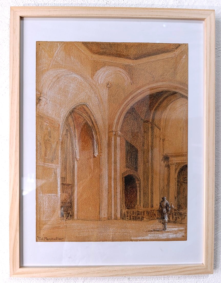 Edouard Pannetier (1884–1965), Charcoal Drawing On Paper, In The Cathedral Of Aix, Signed-photo-4