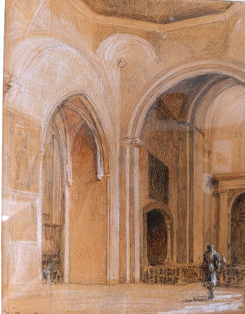 Edouard Pannetier (1884–1965), Charcoal Drawing On Paper, In The Cathedral Of Aix, Signed