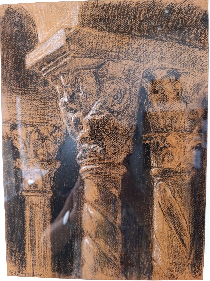 Edouard PANNETIER (1884-1965), Dessin Fusain sur papier, le cloitre de St Sauveur, signé, cadre