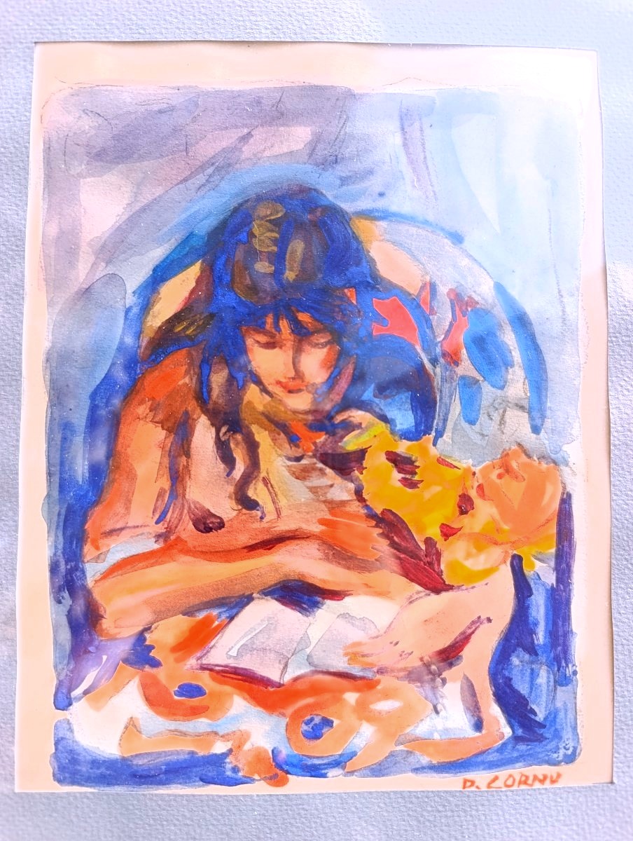 Pierre Cornu (1895–1996), *reading*, Watercolor On Paper, Signed, Framed