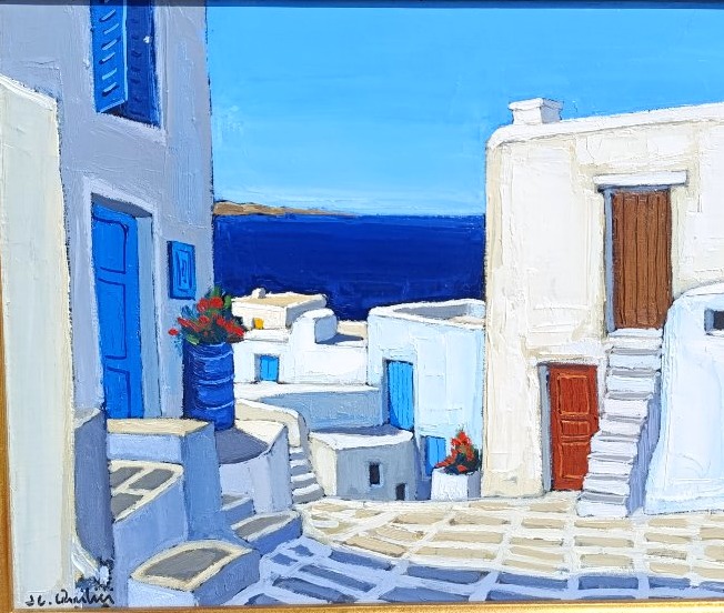 Jean-Claude Quilici (1941_), Mykonos, Façades au soleil, Huile sur toile signée, encadrée