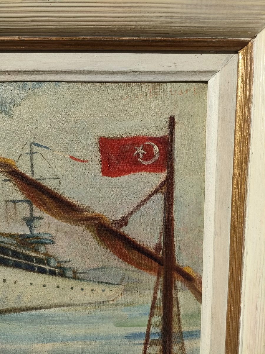 Imbert (XXème), Couple et navire devant Ste Sophie, Huile sur toile signée, encadrée-photo-4