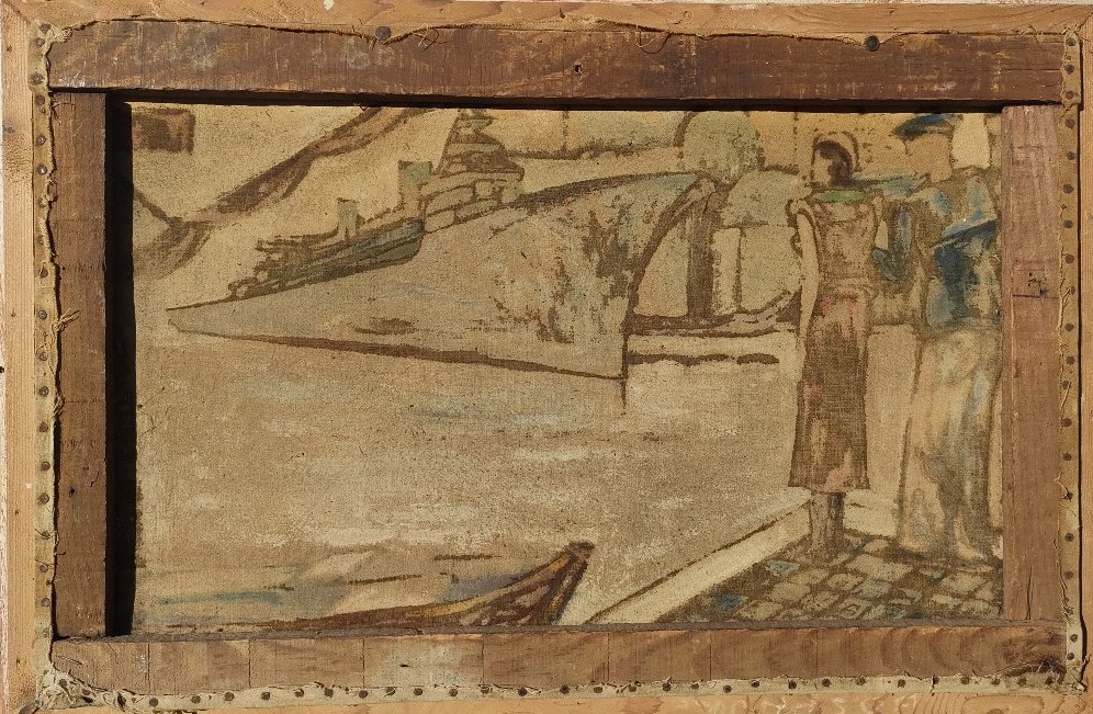 Imbert (XXème), Couple et navire devant Ste Sophie, Huile sur toile signée, encadrée-photo-1