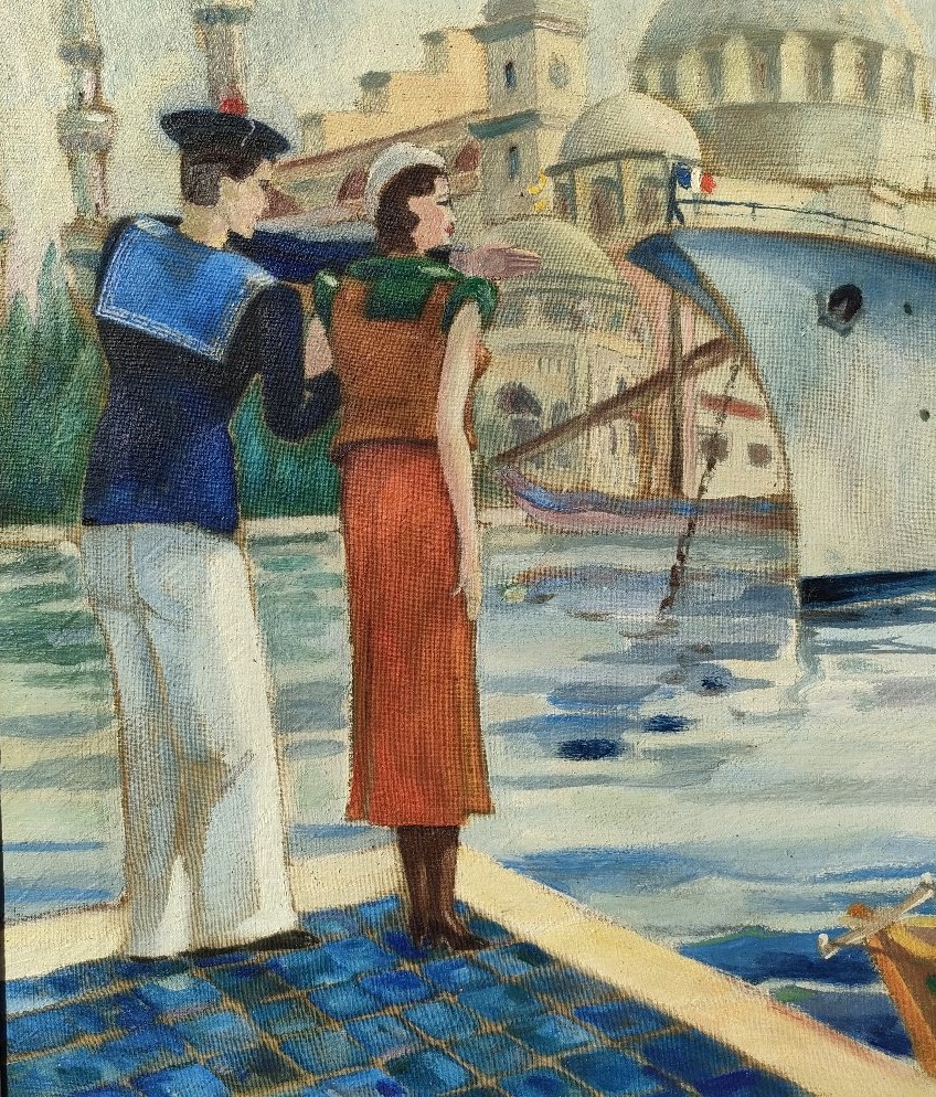 Imbert (XXème), Couple et navire devant Ste Sophie, Huile sur toile signée, encadrée-photo-2