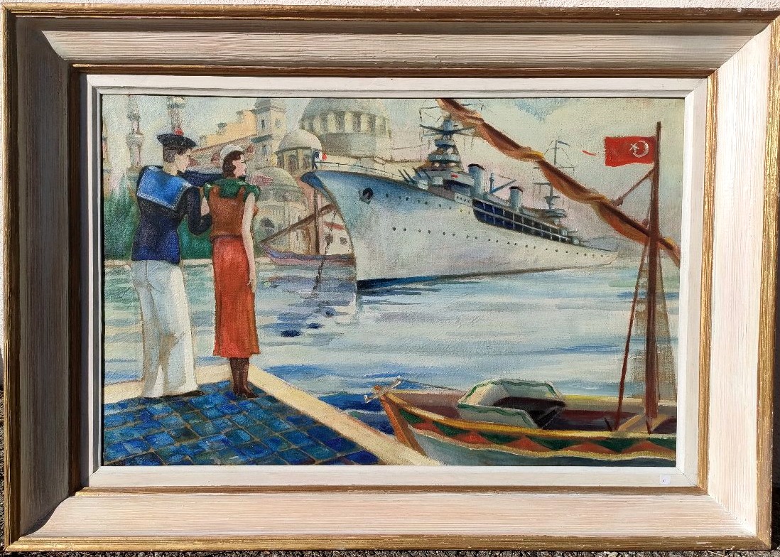 Imbert (XXème), Couple et navire devant Ste Sophie, Huile sur toile signée, encadrée-photo-4