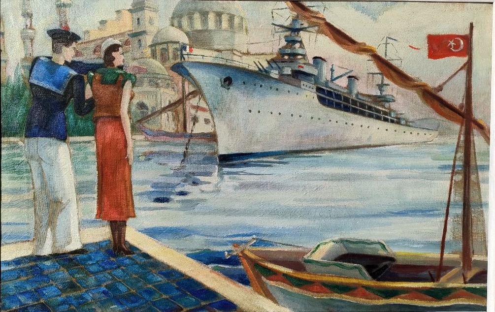 Imbert (XXème), Couple et navire devant Ste Sophie, Huile sur toile signée, encadrée